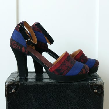 1940s style platform heels • handmade black blue & red striped fabric ankle strap shoes 