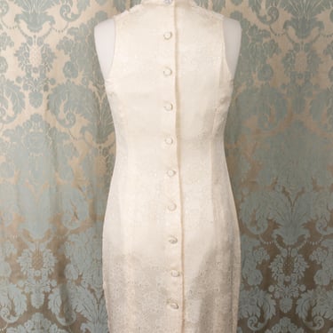 Gorgeous 80s Rena Gill Ivory Silk Jacquard Sleeveless Button-Back Dress Collectible 