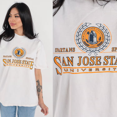 SJSU T-Shirt 90s San Jose State University Shirt California College Graphic Tee Spartans TShirt Retro White Cotton Vintage 1990s Large L 