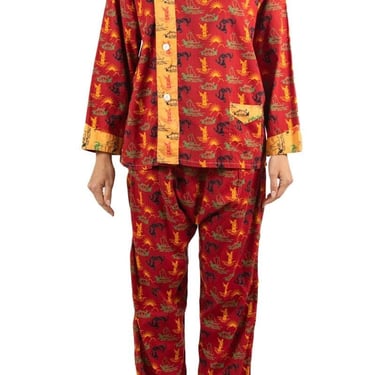 1930S Brick Red  Yellow Cotton Asian Novelty Printed Men's Pajamas 