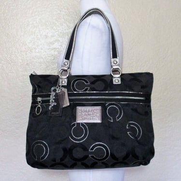 Coach Bag, Vintage Coach Poppy Tote, Black Silver Logo Canvas Purse, Large Shoulderbag, H1026-15865 