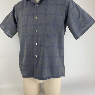 1950's Short Sleeve Shirt - LANIER by OXFORD - Iridescent Plaid Fabric From Blues to Green - Loop Collar - Men's Size Medium 