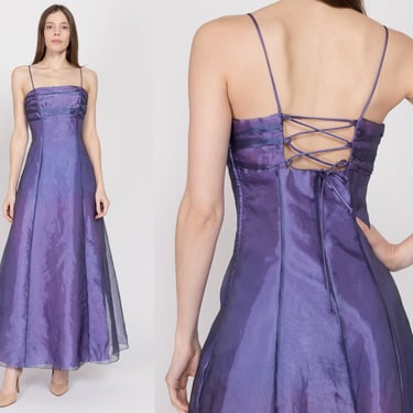 Small 90s Purple Organza Lace Up Back Prom Gown | Vintage Morgan & Co Sleeveless Low Back Formal Maxi Party Dress 
