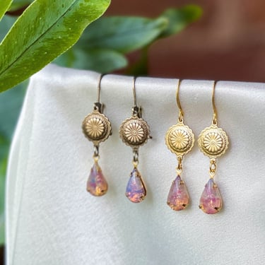 pink fire opal earrings, Victorian jewelry, dainty gold medallion earrings, pink crystal teardrop earrings, gift for her 