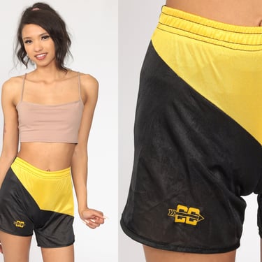80s Gym Shorts -- 1980s Black Yellow Nylon Shorts High Waisted Retro Jogging Shorts Gym Color Block Runner Sportswear Extra Small xs s 