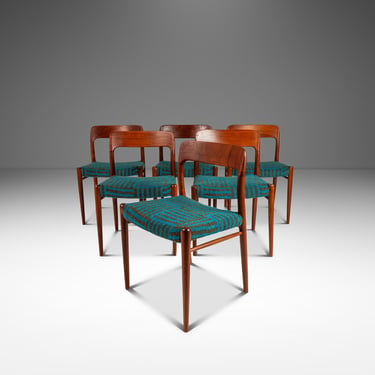 Set of Six (6) Moller Model 75 Dining Chairs by Niels Møller for J.L. Møllers in Pierre Frey Mombasa Turquoise Fabric , Denmark, 1960s 