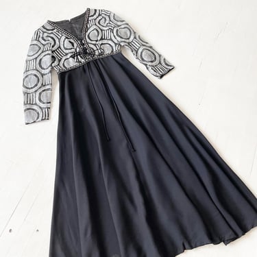 1970s Metallic Silver Patterned Lace Up Gown 