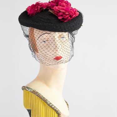 Glamorous 1940's Black Straw Hat With Dramatic Veiling & Millinery Flowers