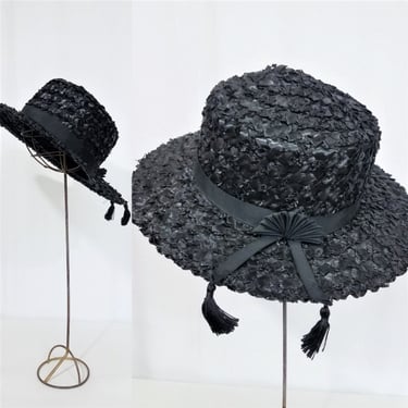 Spanish Style 1960's Black Lacquered Straw Wide Brim Flat Hat I Sz 21