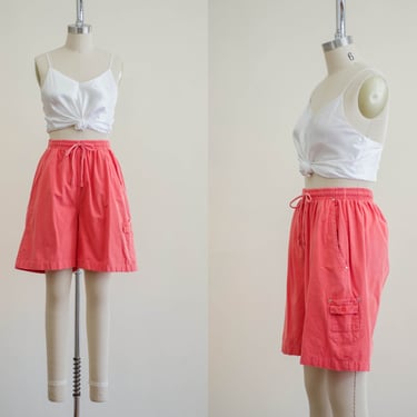 high waisted shorts | 80s vintage salmon coral orange drawstring elastic waist cotton cargo shorts 