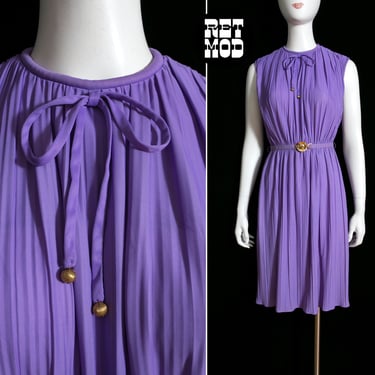 Pretty Vintage 70s Purple Pleated Sleeveless Dress with Matching Belt 