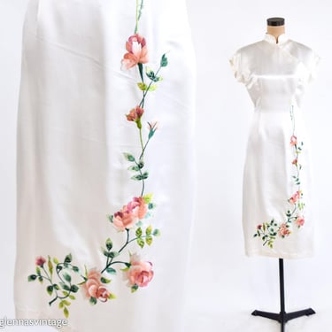 1950s  Creme Silk Cheongsam Evening Dress | 50s Off White Silk Embroidered Cheongsam Dress | Wedding | Medium 