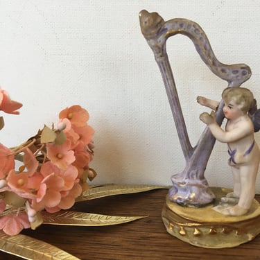 Small Cherub Playing Purple Harp, Vintage Valentine&#39;s Cherub With Purple Wings 