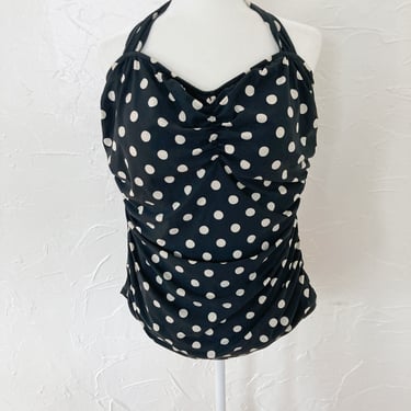 80s Black and Cream Polka Dot Halter Top Swimsuit | Plus Size 1X 