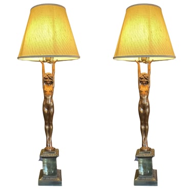 Rare Nuart Bronze Standing Nude Female Accent Table Lamp, Pair 