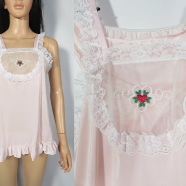 Vintage 80s Frilly Pink 2 Piece Pajama Lingerie Panty Set With Sheer Panel Made In USA Size M 