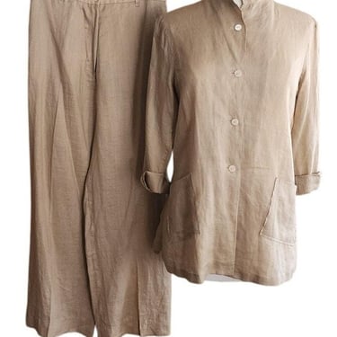 Vintage 90s Jil Sander Pant Suit Beige Ramie Nehru Jacket + Slacks 