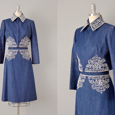 60s Suit // 1960s Dior for Harrods of London Embroidered Indigo Denim Suit // S-M 