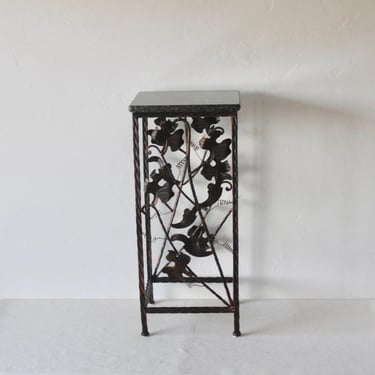 Art Nouveau Style Aged Bronze Finish Metal Granite lass Side Drinks Table Plant Stand Leafs Vines Details 