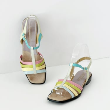 SIZE 6.5 Strappy Pastel Leather Sandals / Bob Baker Heels Pink Blue Yellow Mint - Fun Square Toe Vintage 90s Sandals 
