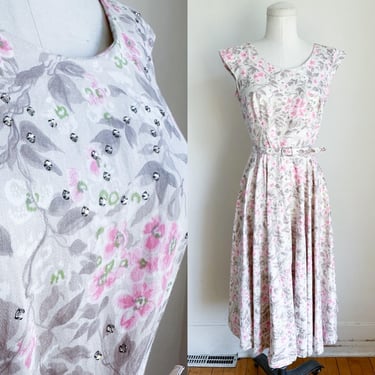 Vintage 1950s Pink Blooming Flower Belted Dress / XS 