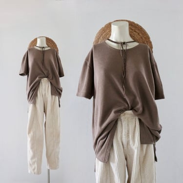 walnut pullover tee - l - vintage 90s y2k beige brown tan womens loose oversized short sleeve shirt top spring summer 