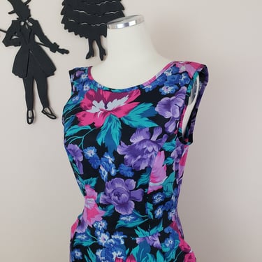 Vintage 1980's Dark Floral Cotton Dress / 90s Low Back Summer Day Dress S 