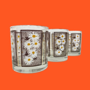 Vintage Daisy Drinking Glasses Retro 1970s Mid Century Modern + Libbey + Flower Design + Glass + Set of 3 + Water or Whiskey + MCM Kitchen 