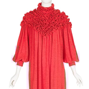 Chantal Thomass 1980s Vintage Blood Orange Wool Knit Ruffle Neck Dress 