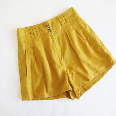 90s Linen Blend Yellow Shorts 26 Small - Vintage 1990s Paper Bag High Waist Shorts - Mustard Yellow Solid Color Shorts 