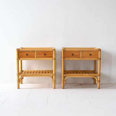 Pair of Vintage Bamboo Nightstands – 2-Drawer Side Tables with Magazine Rack 