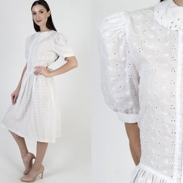 80's Plain White Dress, Puff Sleeve Eyelet Dress, Vintage Floral Embroidered Country Midi 