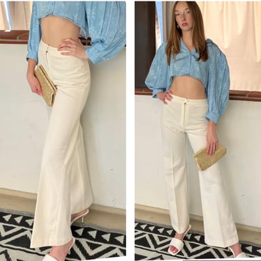 70s High Waist Crisp White Pants Trousers slacks Flares Bells Sleek S 