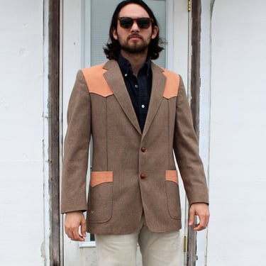 Vintage 70s Beallpark Western Blazer, Size 40R Men, taupe gray wool, tan ultrasuede trim, two button 