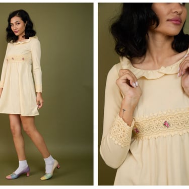 Vintage 1970s 70s Buttercream Long Sleeve Mini Dress w/ Pink Rose Trim, Empire Waistline 