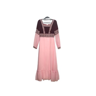 Vintage Medieval Renaissance Dress, Romantic Pink Chiffon & Velvet Cottagecore Peasant, Castle Princess Fairytale Long Maxi Vintage Clothing 