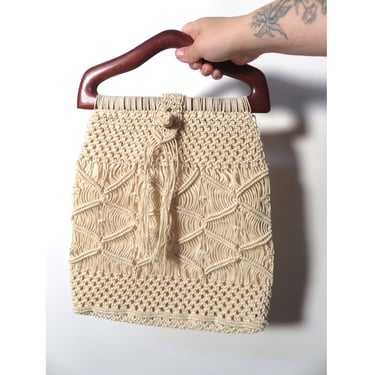 Vintage 70s Macrame Wooden Top Handle Purse 