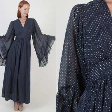 Bell Sleeve Kimono Dress, Swiss Dot Print, Vintage Long Sundress, 70s Prairiecore Style 
