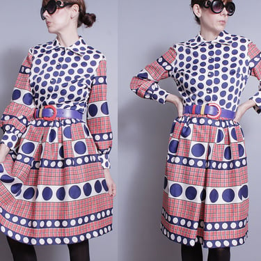 Vintage 1960's | Polka Dot | Mod | Mid Century | MCM | Fit and Flare | Dress | M 