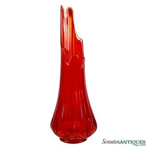 Mid-Century Atomic Large Amberina Red Swung Glass Vase by L.E Smith