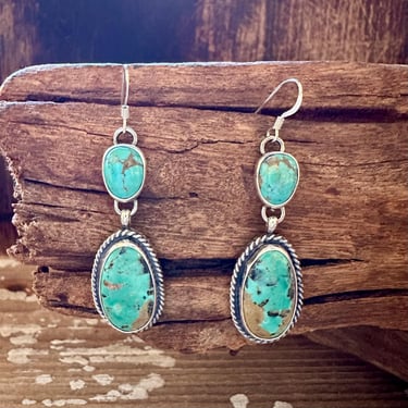 TURQUOISE DOUBLE DROP Sterling Silver Dangle Earrings | J Hallmark | Navajo Made | Native American, Southwestern Jewelry 