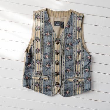 floral cotton vest | 80s 90s vintage Liz Claiborne blue yellow floral striped cottagecore academia cotton waistcoat 
