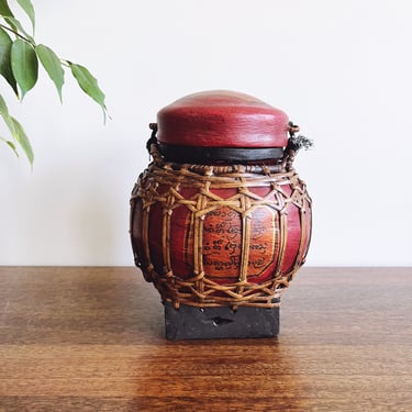 Vintage Thai Painted Wooden Rice Container 