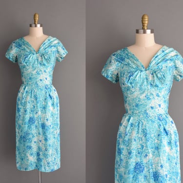 1950s vintage dress | Blue Silk Cocktail Party Wiggle Dress | Small | 50s dress 