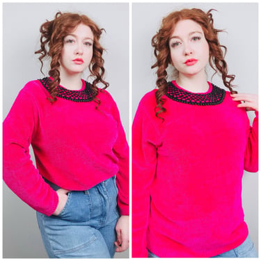 1990s Vintage Lisa International Rayon Chenille Sweater / 90s / Hot Pink Beaded Collar Knit Jumper / Size XL 