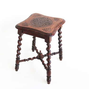 Rustic English Oak Stool Antique Victorian Style Carved Wood Carved Stool Barley Twist Stool Side Table Kettle Stand Country Home 1880-1900 