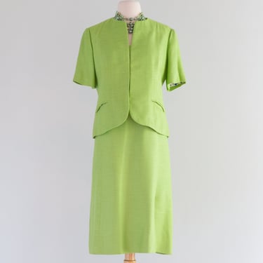 Fabulous 1960's Lime Green Linen Dress &amp; Jacket Set / ML