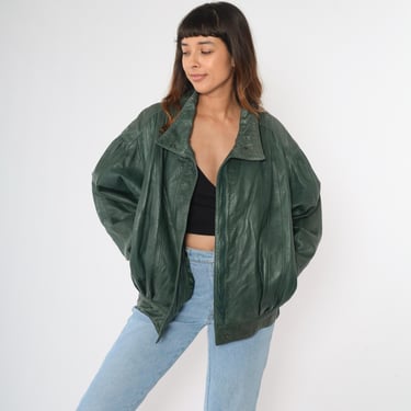 80s Oversized Leather Jacket Vintage Dark Green Bomber Jacket Biker Coat Moto Motorcycle Jacket Retro 1980s Women's Size Large 