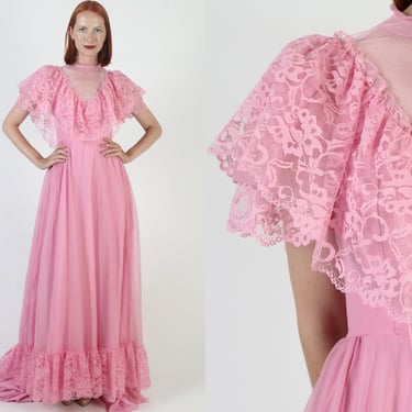 Dance Allure 70s Prom Gown, Alfred Angelo Dress, Vintage Pink Saloon Maxi, Asymmetrical Bridal Train 
