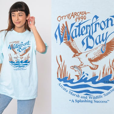 1990 Arcata Waterfront Day Shirt 90s California T-Shirt Marsh Wildlife Sanctuary Hawk Bird Graphic Tee Blue Single Stitch Vintage 1990s XL 